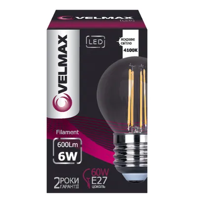 Лампа  світлодіодна G45 мінікуля 6 Вт Е27 filament  4100К 115 VELMAX
