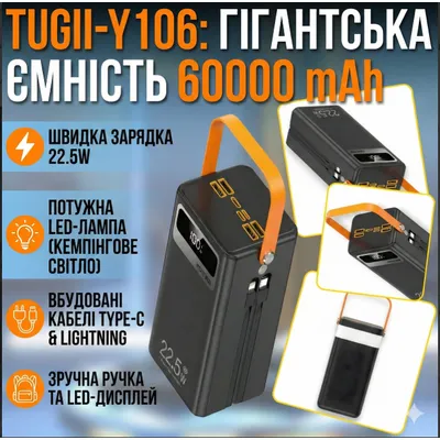 Акумулятор Гігант 60000mAh Повна Автономність TUGII-Y106 + Потужний LED-Прожектор (22.5 Вт) п301