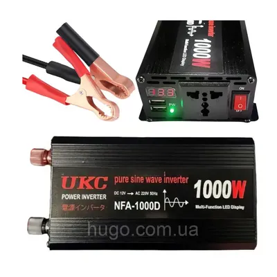 Автомобільний інвертор 1000Вт, 12-220В, 2хUSB, чистий синус / Перетворювач напруги / Інвертор для котла Чистий сінус код 10168