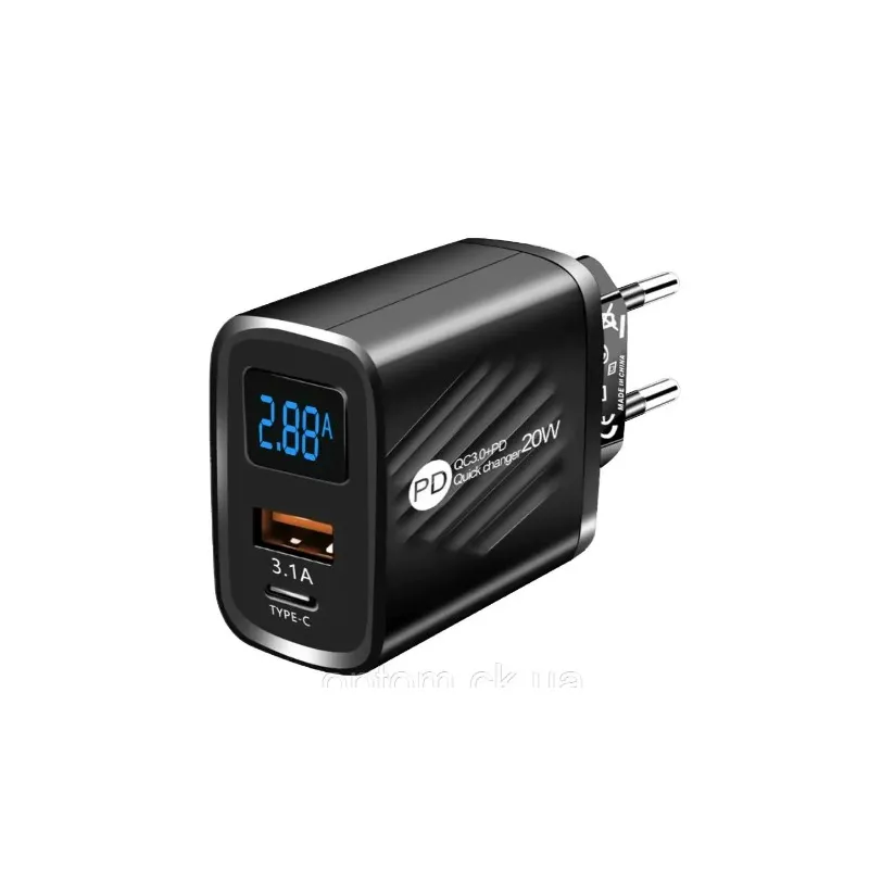 Зарядний пристрій мережевий 220В - 1* USB+ PD 20 Вт, вольтметр + амперметр 7612 
