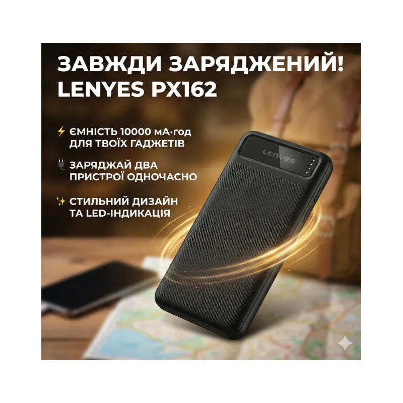 POWER BANK 10000 mAh Lenyes PX162 компактний універсальний на 2 входи Чорний п244  - фото 1