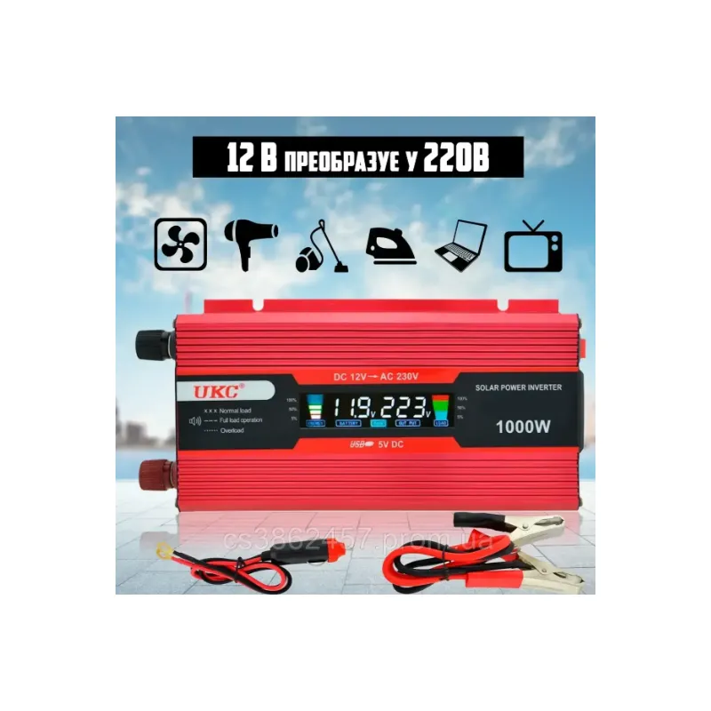 Інвертор 12V-220V UKS 1000W з USB і дисплеем модифікована синусоїда  код 10166 