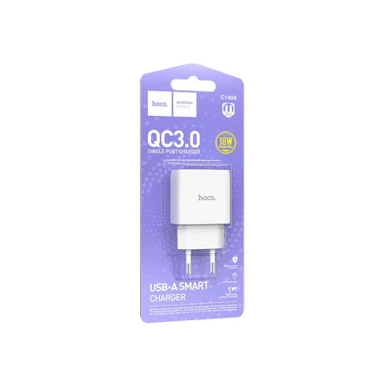 Зарядний пристрій C140A мережевий 220В - 1* USB 3 А білий, чорний 0536 HOCO 