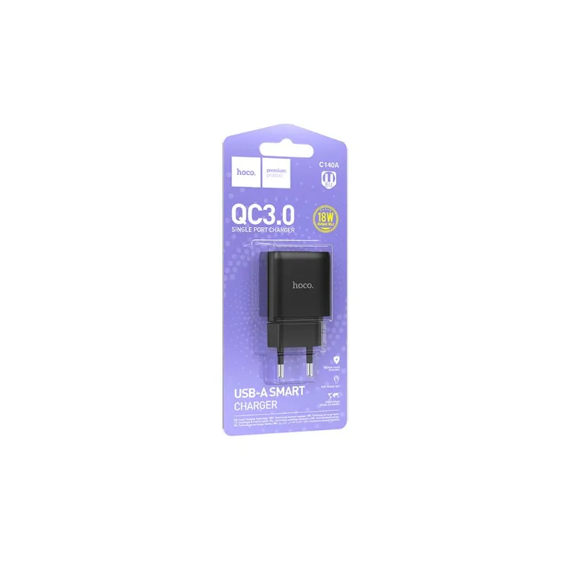 Зарядний пристрій C140A мережевий 220В - 1* USB 3 А білий, чорний 0536 HOCO  - фото 1