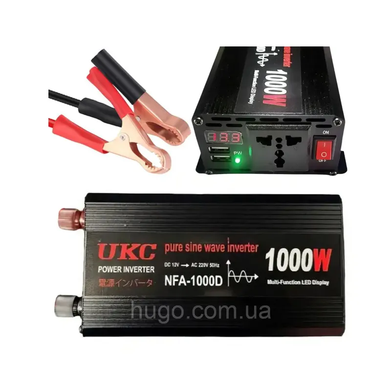 Автомобільний інвертор 1000Вт, 12-220В, 2хUSB, чистий синус / Перетворювач напруги / Інвертор для котла Чистий сінус код 10168 