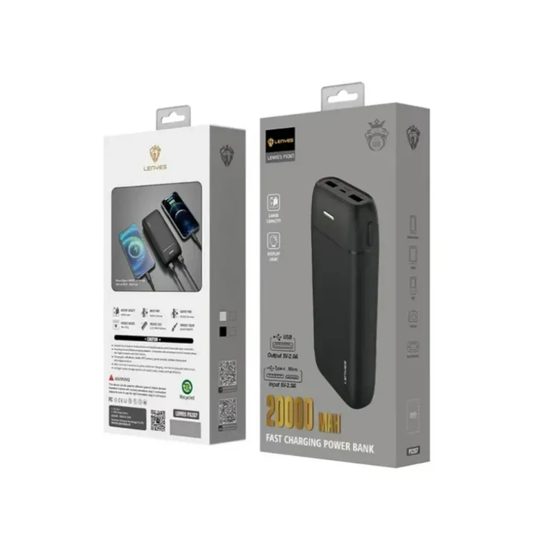 POWER BANK Портативний універсальний акумулятор LENYES PX267 Black 20000mAh 2A 5W USB,Type-C,MicroUSB код 10189  - фото 1