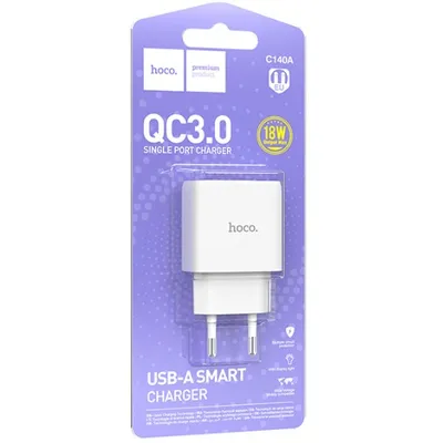 Зарядний пристрій C140A мережевий 220В - 1* USB 3 А білий, чорний 0536 HOCO