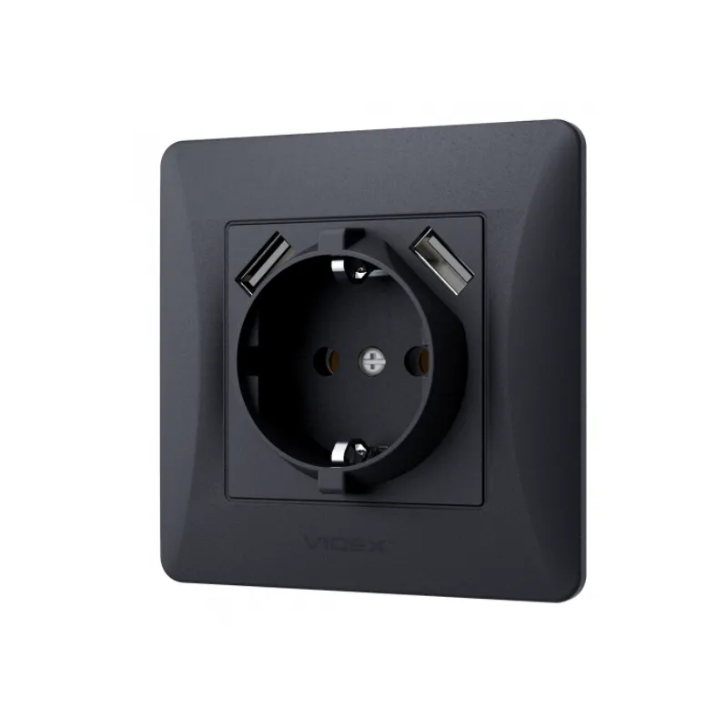 Розетка Binera одинарна графіт з заземленням +  2USB 3569 Videx 