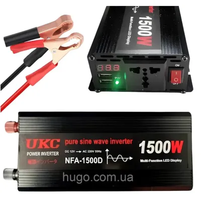 Автомобільний інвертор 1500Вт, 12-220В, 2хUSB, чистий синус / Перетворювач напруги / Інвертор для котла Чистий сінус код 10169