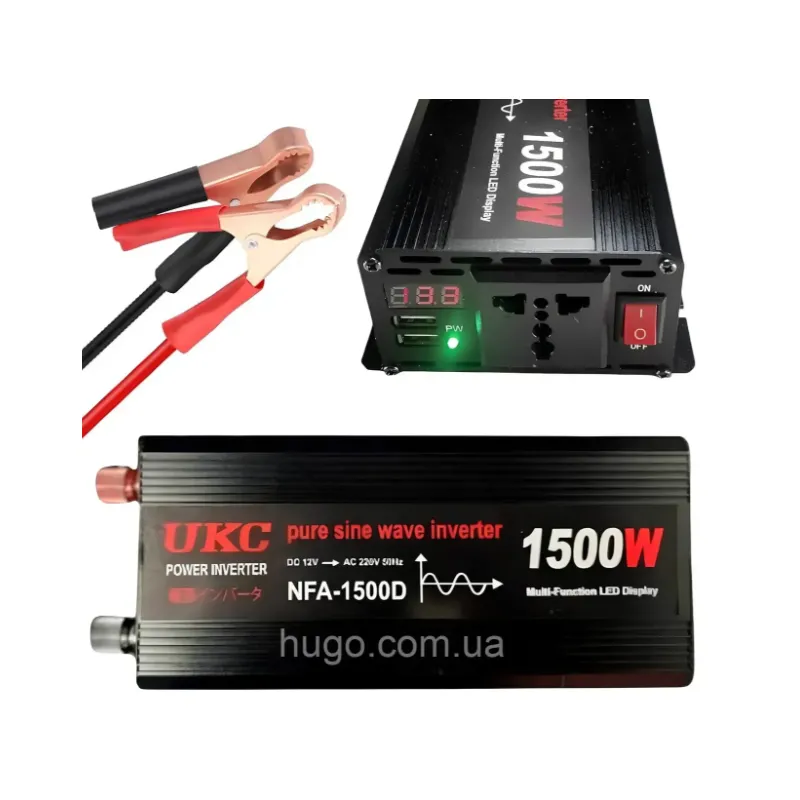 Автомобільний інвертор 1500Вт, 12-220В, 2хUSB, чистий синус / Перетворювач напруги / Інвертор для котла Чистий сінус код 10169 