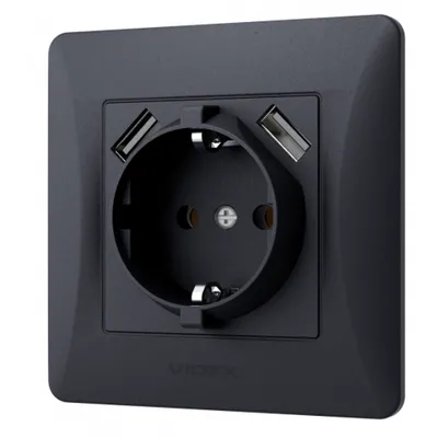 Розетка Binera одинарна графіт з заземленням +  2USB 3569 Videx