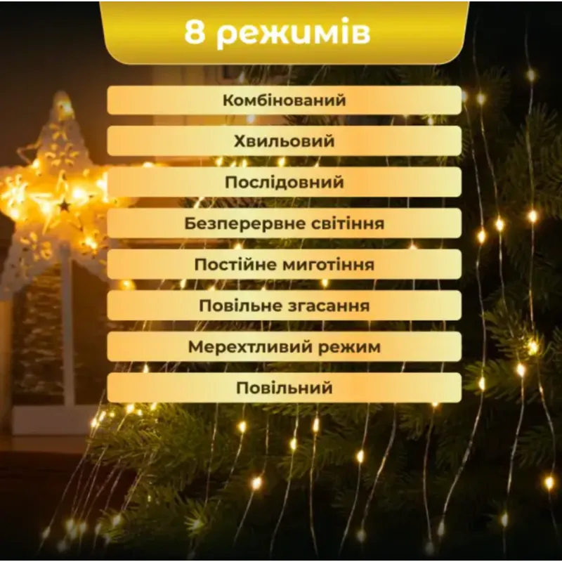 Кінський хвіст 600 LED 20 ниток 3 м жовта 10244  - фото 1