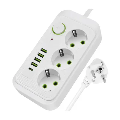Подовжувач Мережевий фільтр 2500Вт, 1.85м, (3×220В+4×USB+1×Type-C) F09U код п158
