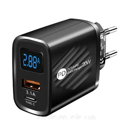 Зарядний пристрій мережевий 220В - 1* USB+ PD 20 Вт, вольтметр + амперметр 7612